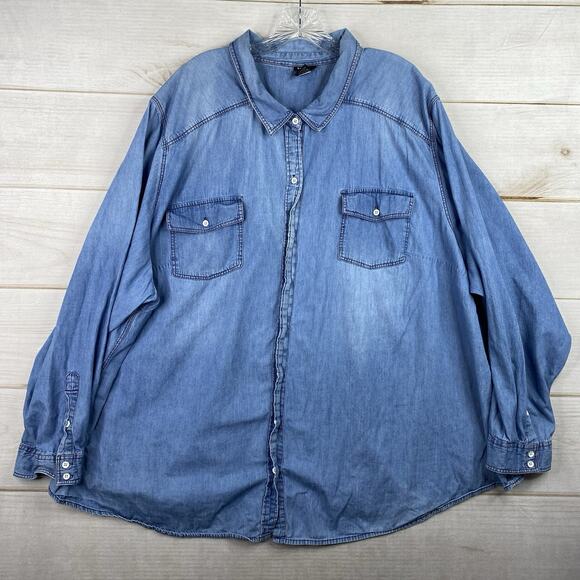 Torrid Taylor Shirt Plus Sz 6X Long Sleeve Button Up Blue Denim Cotton Distresse - Picture 1 of 9